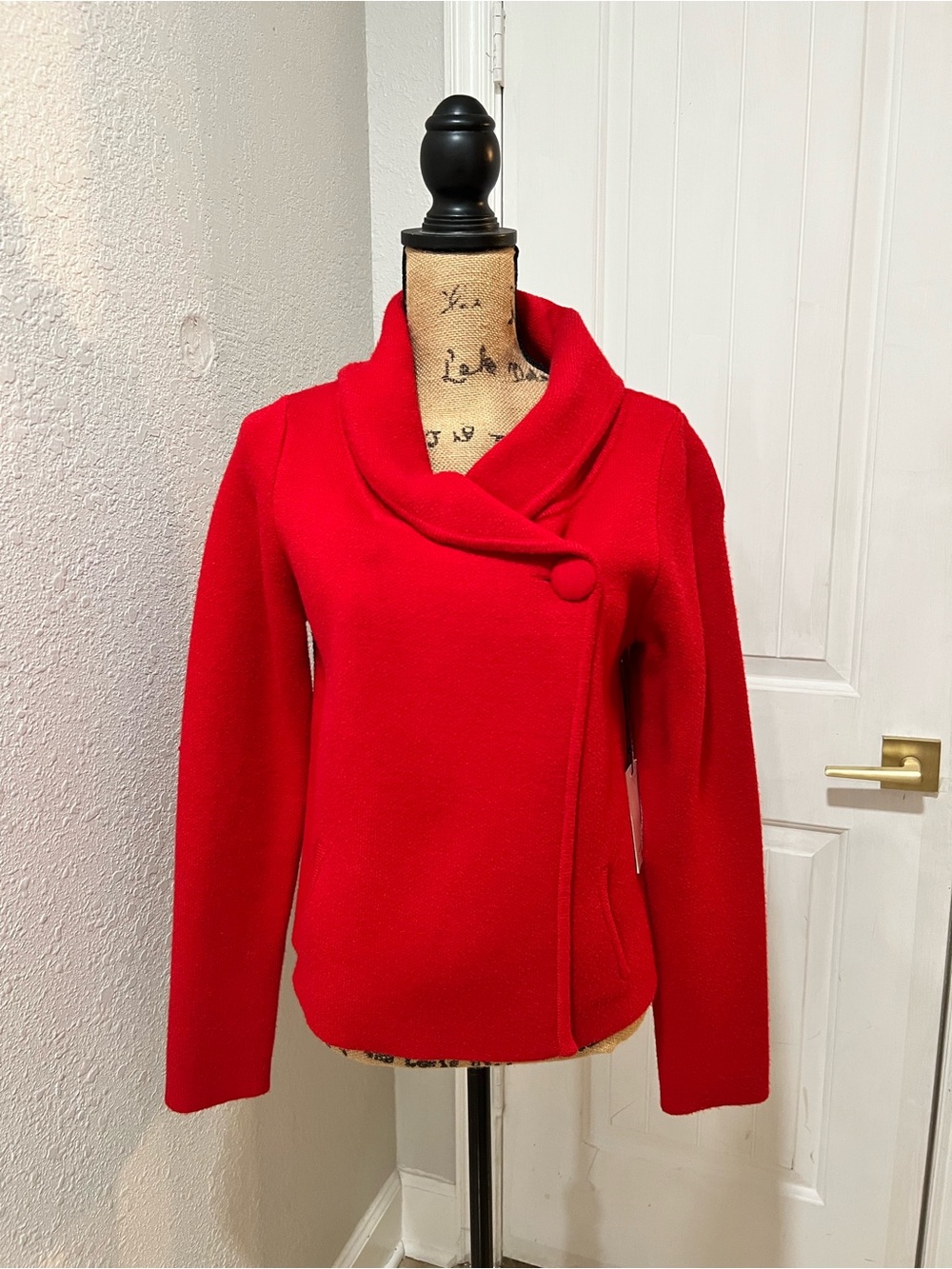 Adrienne Vittadini Red Asymmetrical Button Cowl Neck Sweater